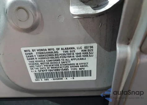 2006 Honda Pilot Ex from USA, damaged, VIN 5FNYF18416B015485